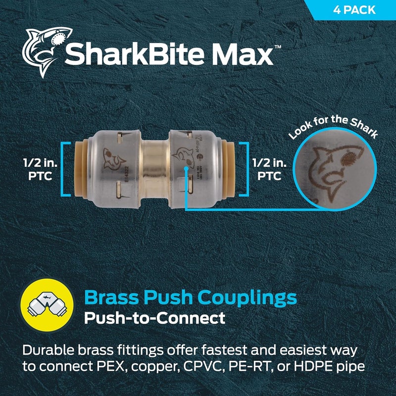 SharkBite Max 1/2 Inch Coupling, Pack of 4, Push to Connect Brass Plumbing Fitting, PEX Pipe, Copper, CPVC, PE-RT, HDPE, UR008A4 - Image 2